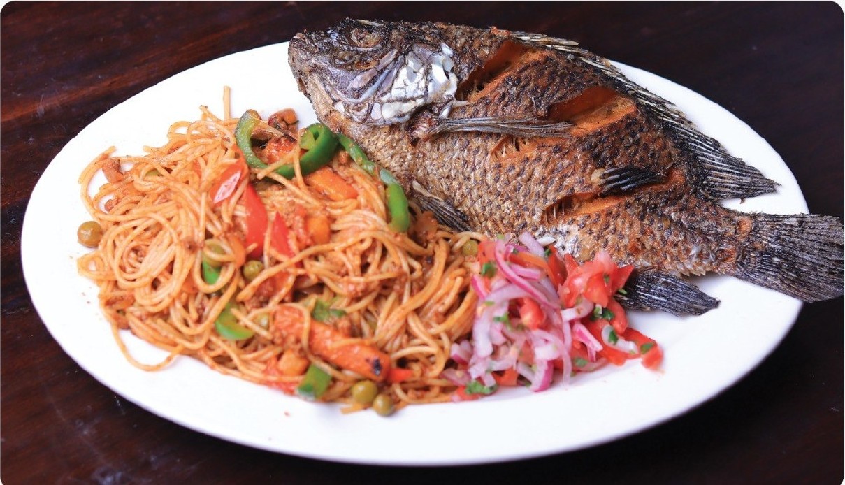 Whole Fish Dry with Spaghetti Saldato at Olive & Grill